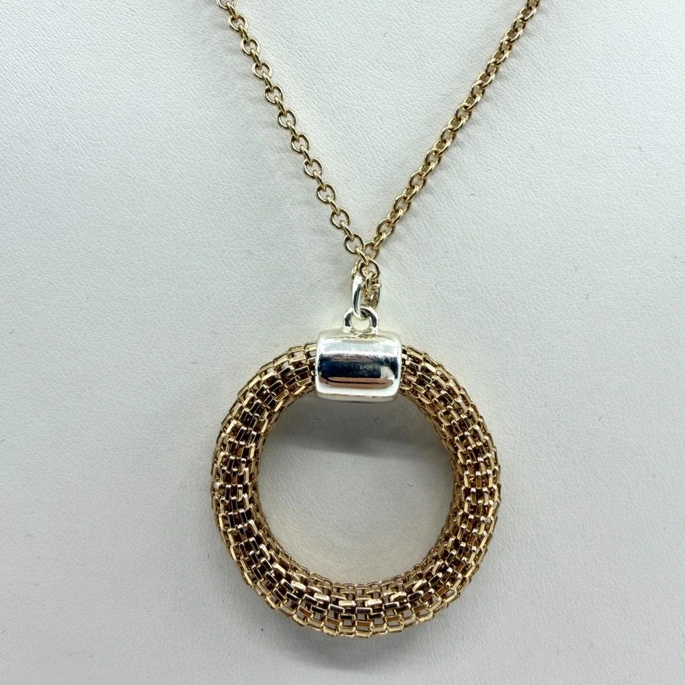 SHB Mesh Circle Pendant Necklace Gold Tone Textured Statement Layering Boho Gift